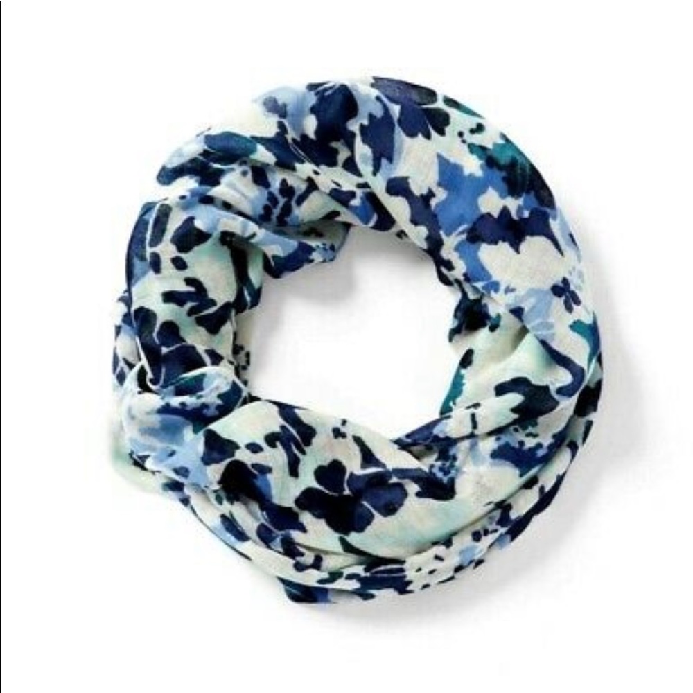 J. JILL Soft Navy Blue Abstract Garden Fringed Floral INFINITY SCARF. New